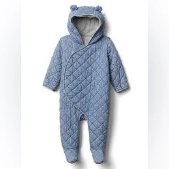 Baby Quilted Chambray Bear One-Piece Size 6M- 12M Blue Cozy Infant Winter Fall - Picture 1 of 8